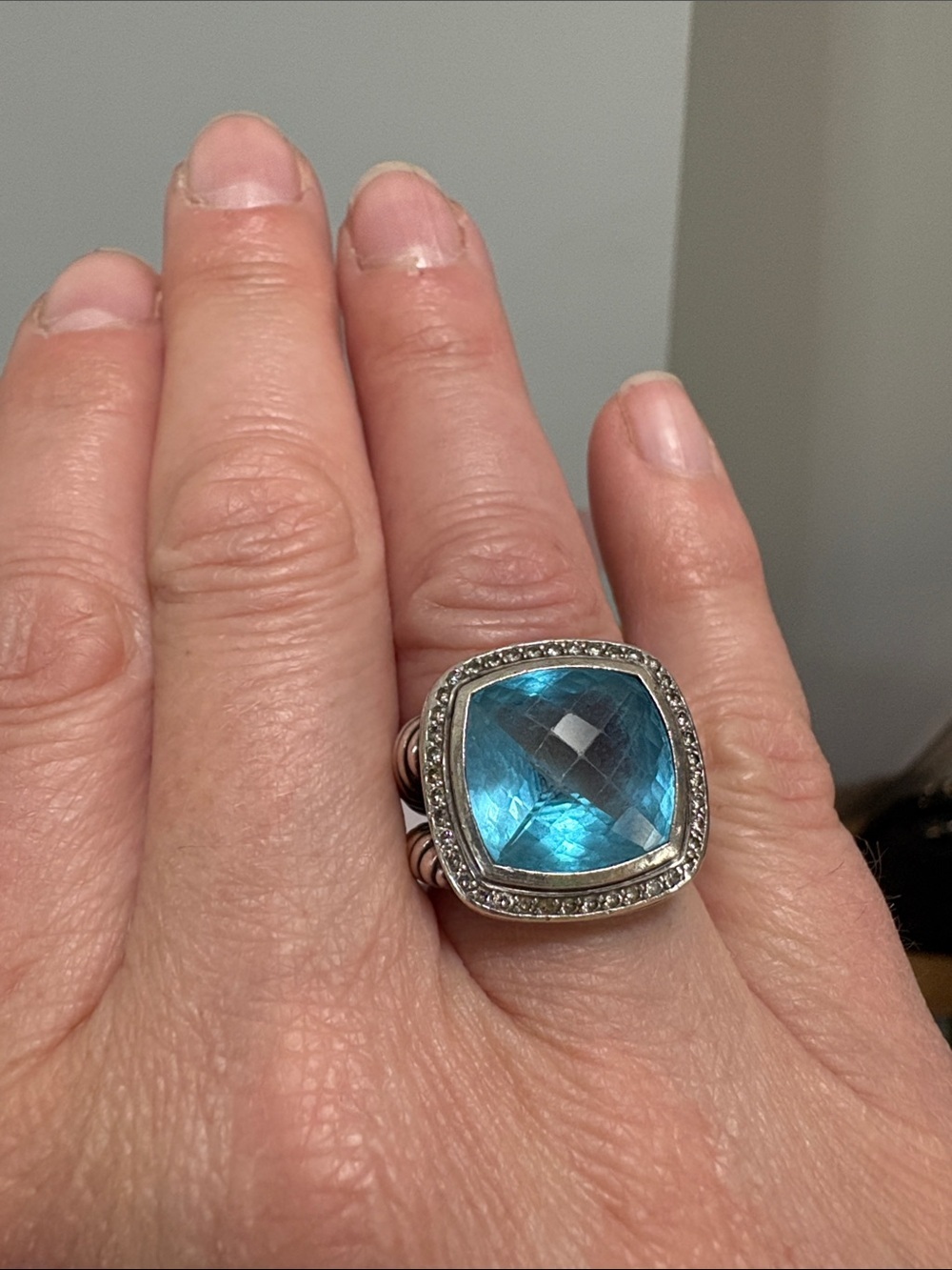 David Yurman Authentic Albion 17mm Blue Topaz Diamond Halo Sterling Silver | 7